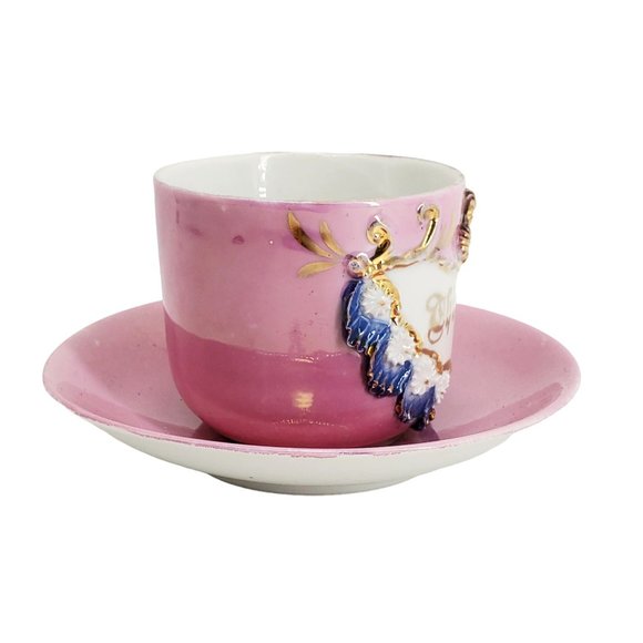 Antique Think of Me Victorian Cup & Saucer Set 1880s Victorian Germany Motto - Picture 3 of 8